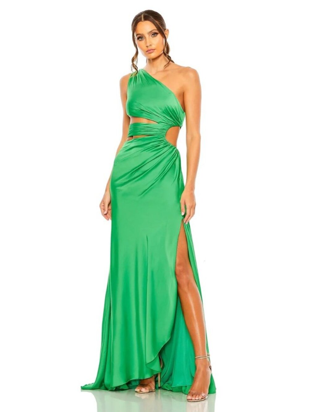 Mac Duggal Size 8 Green 68485 One Shoulder Cut Out Satin Gown Dress Prom Formal